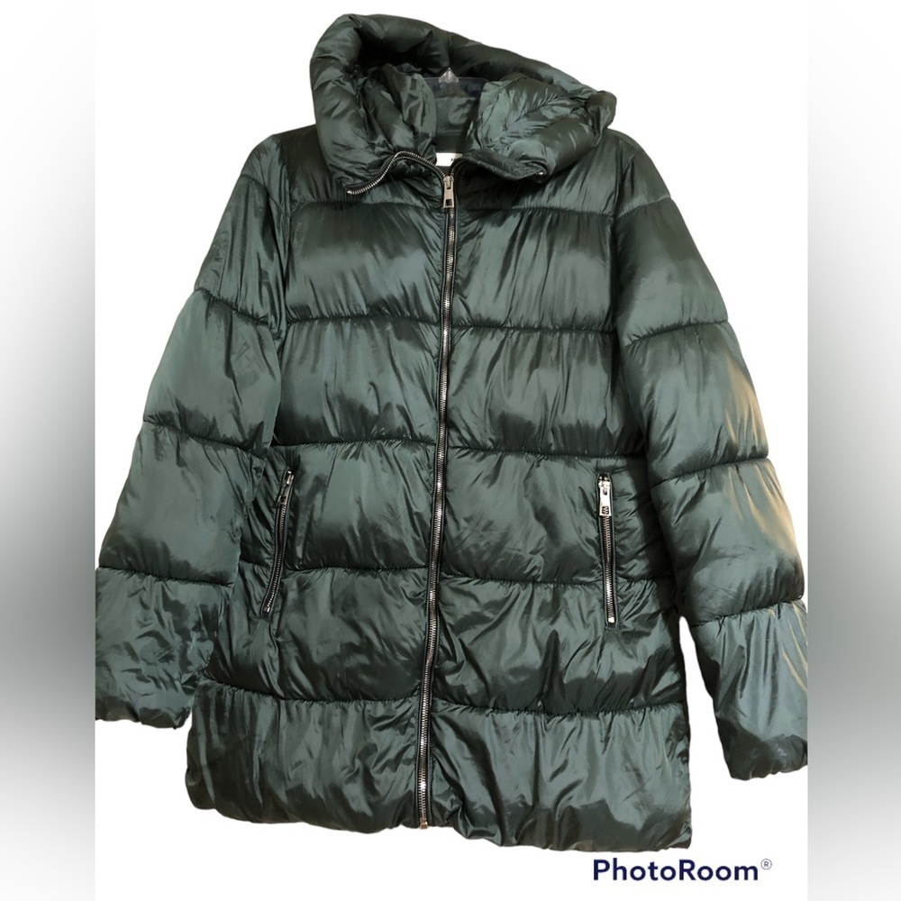 Dark green hooded zip front puffer coat size S